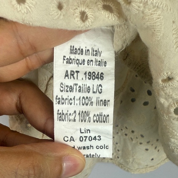 Valentina Naldi 100% Linen Cotton Cream Eyelet Ruffle Sleeves Hem Large Blouse - Picture 6 of 8